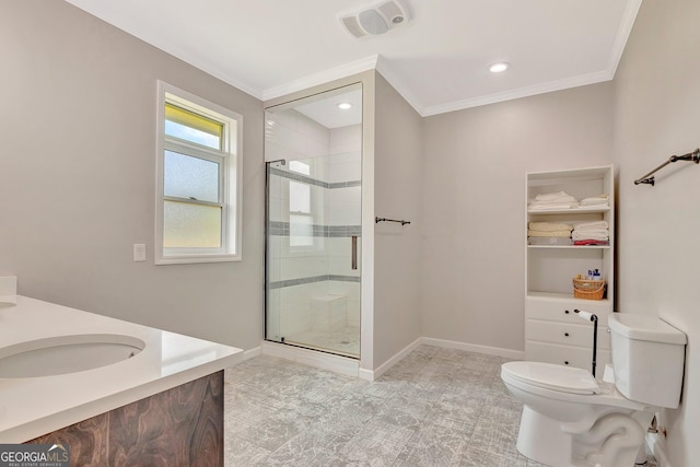 346 Rest Haven Rd, Thomaston, GA 30286 - full bath with a shower stall, toilet, ornamental molding, vanity, and baseboards