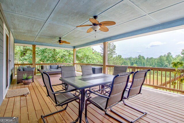346 Rest Haven Rd, Thomaston, GA 30286 - wooden deck featuring ceiling fan, an outdoor hangout area, and outdoor dining area