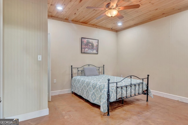 346 Rest Haven Rd, Thomaston, GA 30286 - bedroom with concrete flooring, wood ceiling, recessed lighting, baseboards, and a ceiling fan