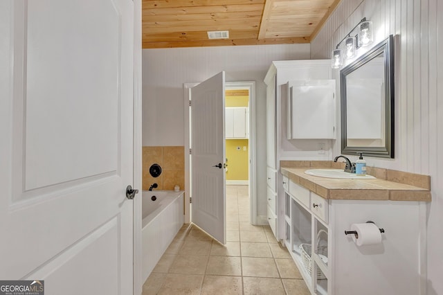 346 Rest Haven Rd, Thomaston, GA 30286 - bathroom with wooden ceiling, tile patterned floors, vanity, and a bathtub