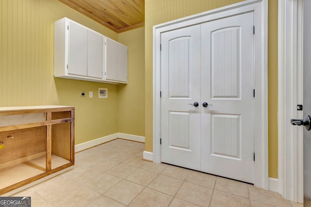 346 Rest Haven Rd, Thomaston, GA 30286 - washroom featuring hookup for an electric dryer, cabinet space, wooden ceiling, washer hookup, and light tile patterned floors