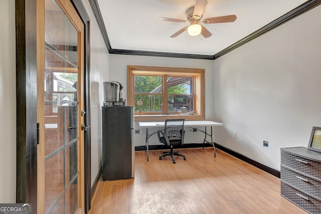 346 Rest Haven Rd, Thomaston, GA 30286 - office space with ornamental molding, wood finished floors, a ceiling fan, and baseboards