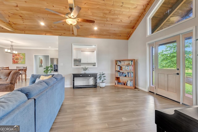 346 Rest Haven Rd, Thomaston, GA 30286 - living area with wooden ceiling, a chandelier, a ceiling fan, baseboards, and light wood-style floors