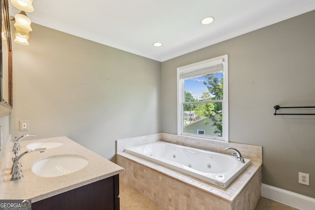 2055 Cactus Ln, Cumming, GA 30040 - bathroom featuring a jetted tub, tile patterned flooring, double vanity, ornamental molding, and recessed lighting