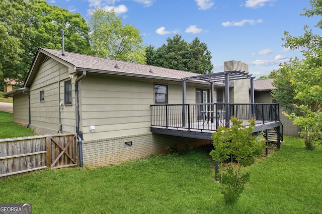 2055 Cactus Ln, Cumming, GA 30040 - back of property featuring a pergola, a wooden deck, a lawn, and crawl space