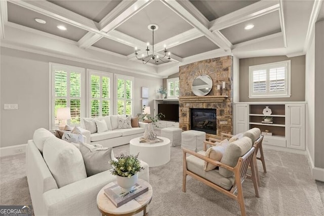1286 Whisper Cove Dr, Buford, GA 30518 - carpeted living room featuring a chandelier, coffered ceiling, a stone fireplace, healthy amount of natural light, and beamed ceiling