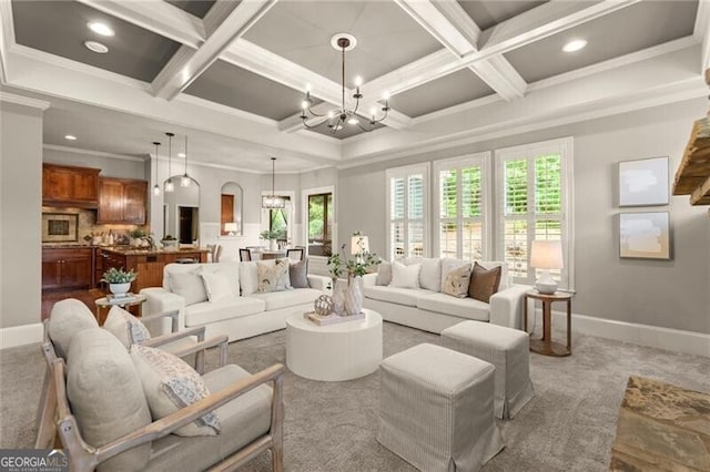 1286 Whisper Cove Dr, Buford, GA 30518 - carpeted living room featuring a chandelier, coffered ceiling, beamed ceiling, and recessed lighting