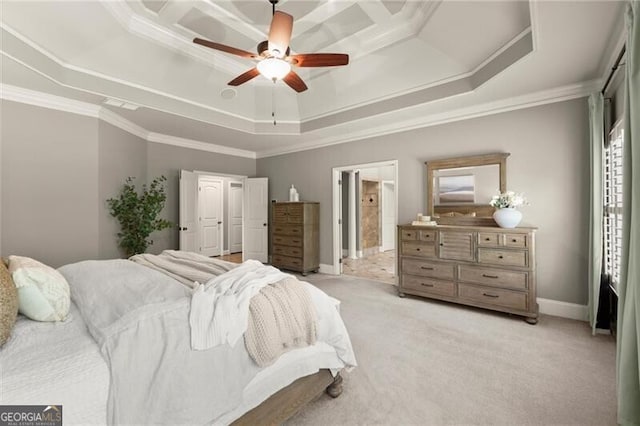1286 Whisper Cove Dr, Buford, GA 30518 - bedroom featuring crown molding, light colored carpet, a raised ceiling, a ceiling fan, and ensuite bathroom