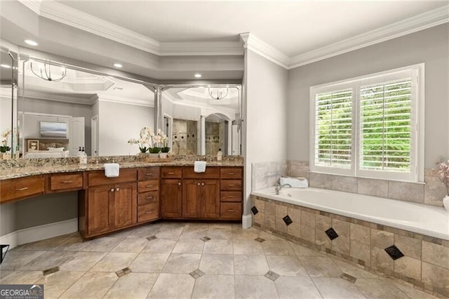 1286 Whisper Cove Dr, Buford, GA 30518 - full bath featuring a garden tub, vanity, tile patterned flooring, ornamental molding, and recessed lighting