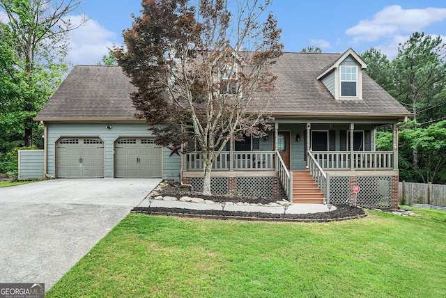 1235 Waterwood Dr, Loganville, GA 30052 - new england style home with concrete driveway, an attached garage, a front lawn, a porch, and a shingled roof