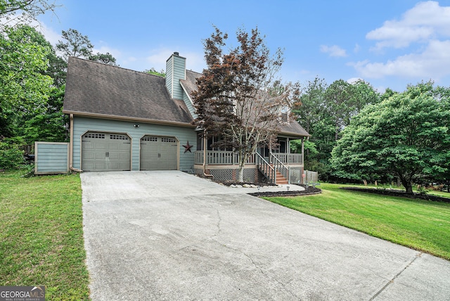 1235 Waterwood Dr, Loganville, GA 30052 - view of front of house with a garage, a porch, driveway, a front lawn, and a chimney