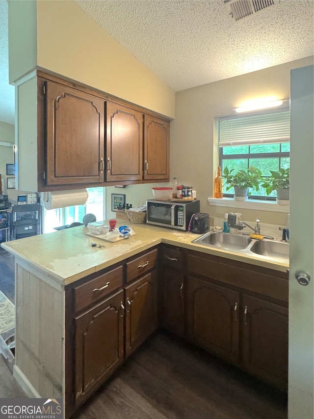 kitchen featuring stainless steel microwave, a sink, light countertops, a textured ceiling, and dark wood-type flooring