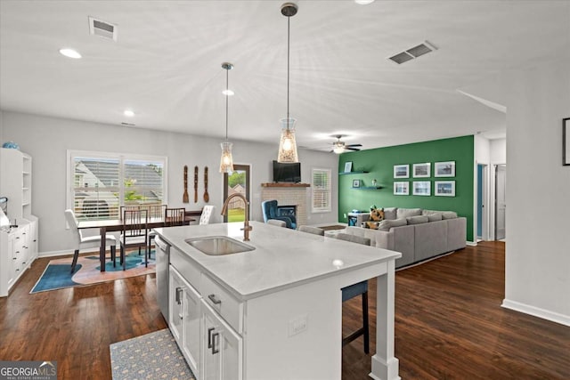 123 Cedar Park Way, Carrollton, GA 30117 - kitchen featuring a sink, a ceiling fan, dark wood-type flooring, a fireplace, and recessed lighting