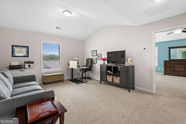 123 Cedar Park Way, Carrollton, GA 30117 - living room with light colored carpet, lofted ceiling, baseboards, a desk, and a ceiling fan