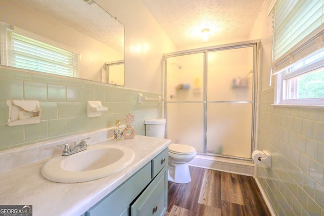 5293 Sandy Shoals Ln, Stone Mountain, GA 30087 - full bathroom with tile walls, toilet, a stall shower, a textured ceiling, and vanity