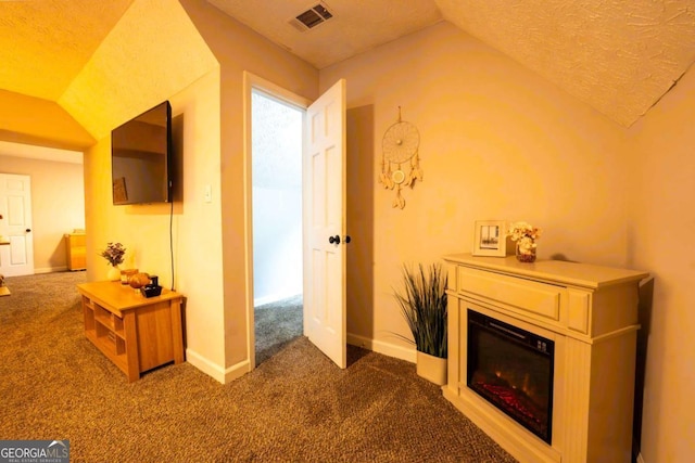 5293 Sandy Shoals Ln, Stone Mountain, GA 30087 - corridor with vaulted ceiling, carpet flooring, baseboards, and a textured ceiling