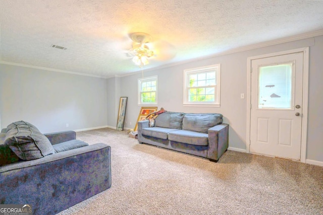 5293 Sandy Shoals Ln, Stone Mountain, GA 30087 - living room with carpet floors, crown molding, baseboards, and a textured ceiling
