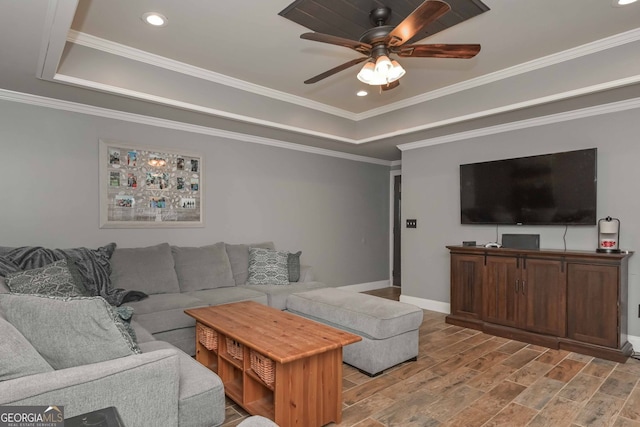 9001 E Carroll Rd, Winston, GA 30187 - living room with a raised ceiling, a ceiling fan, light wood-style flooring, baseboards, and recessed lighting