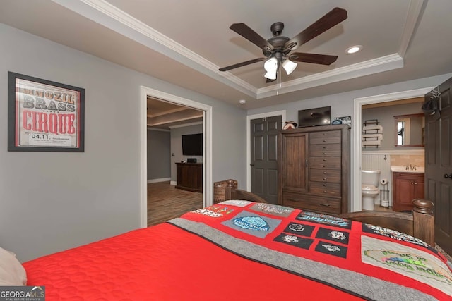 9001 E Carroll Rd, Winston, GA 30187 - bedroom with a raised ceiling, recessed lighting, ornamental molding, ensuite bathroom, and wood finished floors