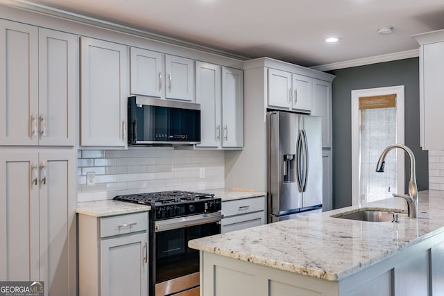 921 Oak Dr, Woodstock, GA 30189 - kitchen with stainless steel refrigerator with ice dispenser, black gas range oven, a sink, backsplash, and ornamental molding