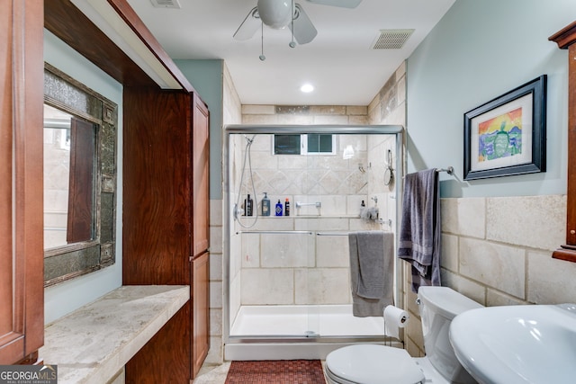 921 Oak Dr, Woodstock, GA 30189 - full bath featuring toilet, a stall shower, a ceiling fan, and a sink