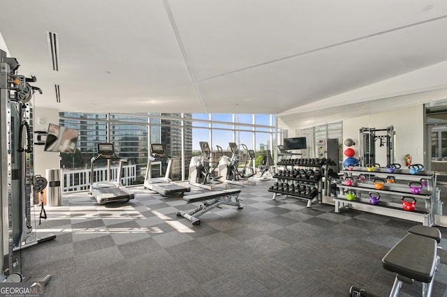 3107 Peachtree Rd NE Unit 2003Aka Ph3, Atlanta, GA 30305 - workout area featuring a wall of windows and carpet