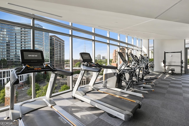 3107 Peachtree Rd NE Unit 2003Aka Ph3, Atlanta, GA 30305 - gym featuring a city view, carpet flooring, and expansive windows