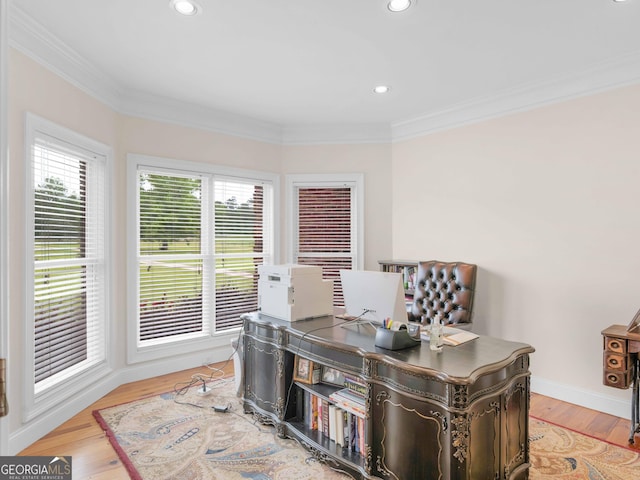 office area featuring crown molding, light wood-type flooring, and recessed lighting