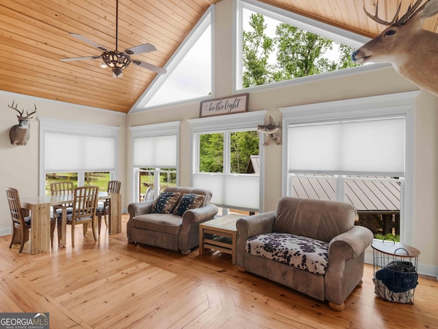 living area with ceiling fan and high vaulted ceiling