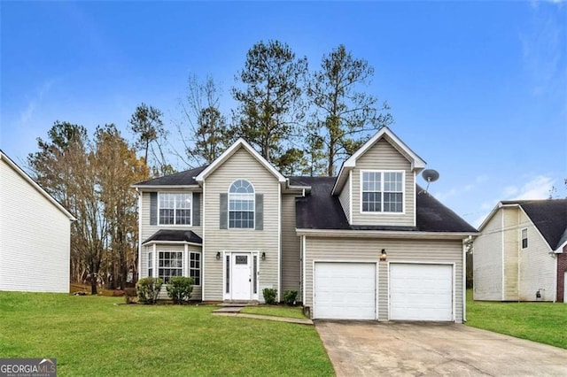 7071 Deshon Hills Ln, Lithonia, GA 30058 - traditional-style home with concrete driveway, a front lawn, and an attached garage