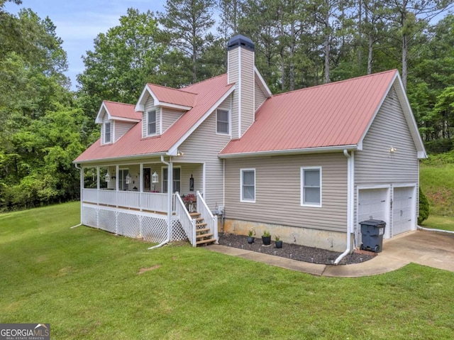 188 Mayapple Gln, Dawsonville, GA 30534 - new england style home featuring a porch, a chimney, metal roof, a front yard, and a garage