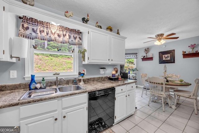 188 Mayapple Gln, Dawsonville, GA 30534 - kitchen with dishwasher, a sink, ceiling fan, light tile patterned floors, and white cabinetry