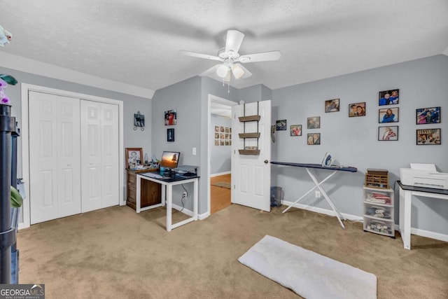 188 Mayapple Gln, Dawsonville, GA 30534 - recreation room with carpet floors, ceiling fan, baseboards, and a textured ceiling