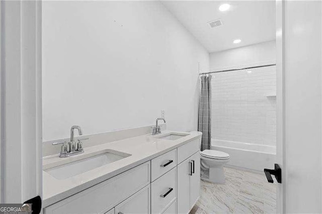 132 Marina Parc Dr, Waleska, GA 30183 - bathroom with toilet, shower / tub combo with curtain, double vanity, marble finish floors, and recessed lighting