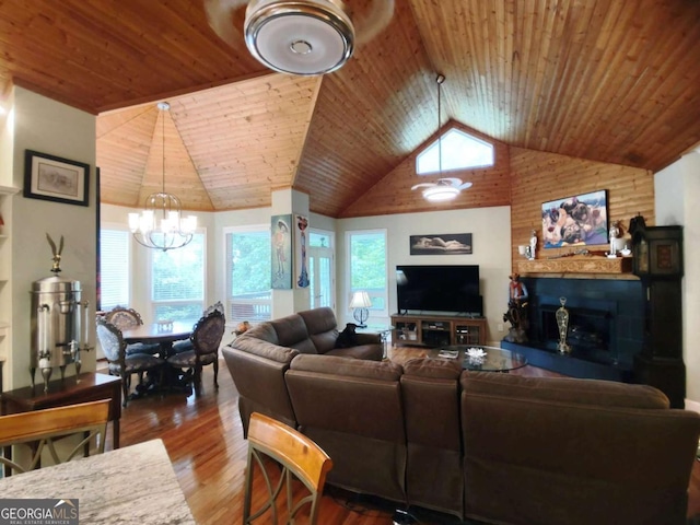 living room featuring wood ceiling, a chandelier, wood finished floors, lofted ceiling, and a fireplace