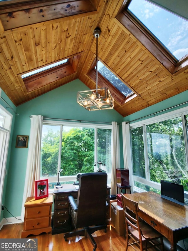 office area featuring a skylight, lofted ceiling, wood finished floors, and wooden ceiling