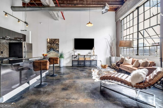 650 Glen Iris Dr NE Unit 27, Atlanta, GA 30308 - living room featuring a high ceiling and finished concrete floors