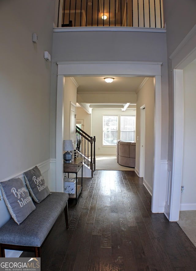 878 W Union Grove Cir, Auburn, GA 30011 - hallway with crown molding, dark wood-style flooring, and stairs