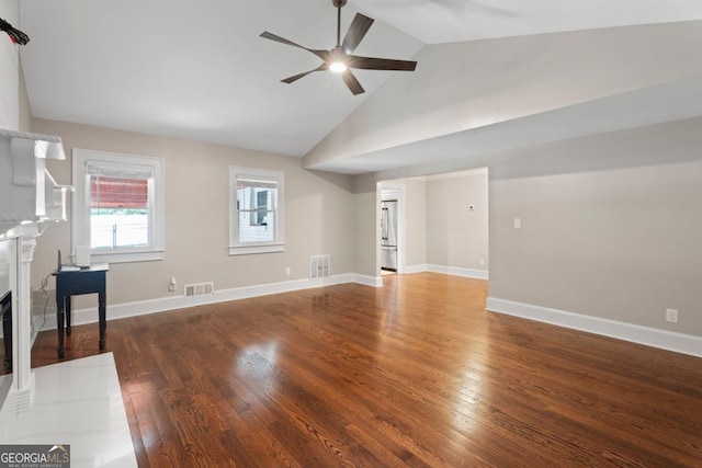 unfurnished living room featuring a ceiling fan, a fireplace, wood finished floors, high vaulted ceiling, and baseboards