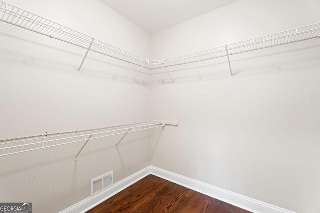 walk in closet with dark wood-style flooring