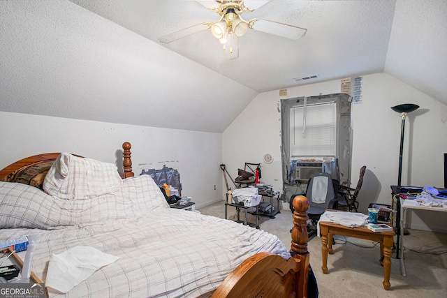 4732 Browns Mill Ferry Rd, Lithonia, GA 30038 - carpeted bedroom featuring vaulted ceiling, cooling unit, ceiling fan, and a textured ceiling