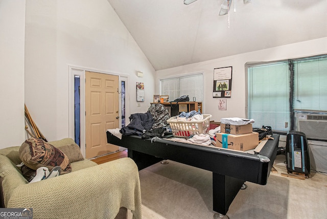 4732 Browns Mill Ferry Rd, Lithonia, GA 30038 - living room featuring ceiling fan, cooling unit, high vaulted ceiling, and carpet floors