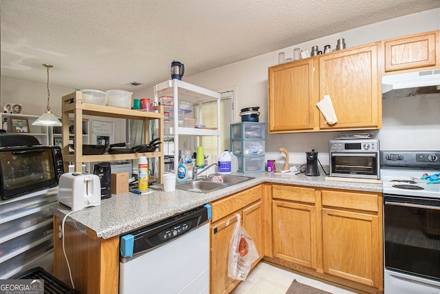 4732 Browns Mill Ferry Rd, Lithonia, GA 30038 - kitchen with under cabinet range hood, white appliances, a sink, a textured ceiling, and light countertops