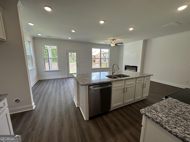 kitchen featuring a sink, stainless steel dishwasher, open floor plan, dark wood-style flooring, and a large fireplace