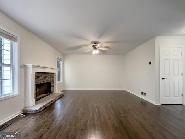 6001 Deer Springs Ln NW, Acworth, GA 30101 - unfurnished living room with dark wood finished floors, ceiling fan, baseboards, and a fireplace