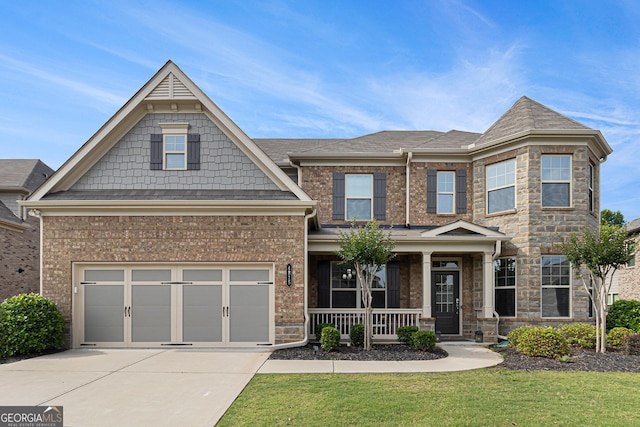 4815 Edgemoore Trce, Cumming, GA 30040 - craftsman inspired home featuring covered porch, driveway, a front yard, a garage, and brick siding