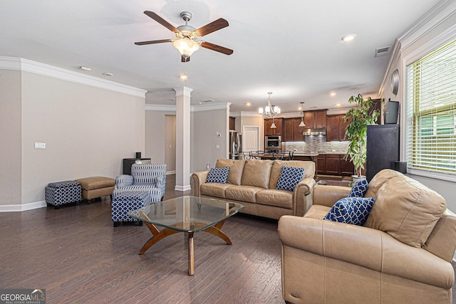 4815 Edgemoore Trce, Cumming, GA 30040 - living area featuring ceiling fan, dark wood-type flooring, healthy amount of natural light, decorative columns, and ornamental molding