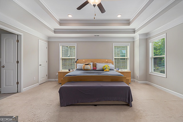 4815 Edgemoore Trce, Cumming, GA 30040 - bedroom featuring light colored carpet, ornamental molding, a raised ceiling, ceiling fan, and recessed lighting