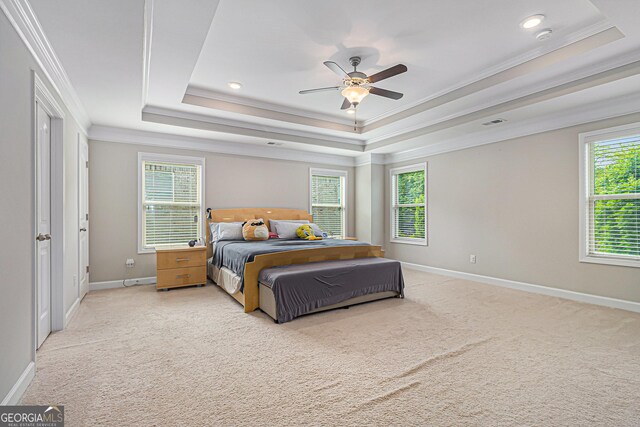 4815 Edgemoore Trce, Cumming, GA 30040 - bedroom with crown molding, a tray ceiling, light carpet, recessed lighting, and a ceiling fan