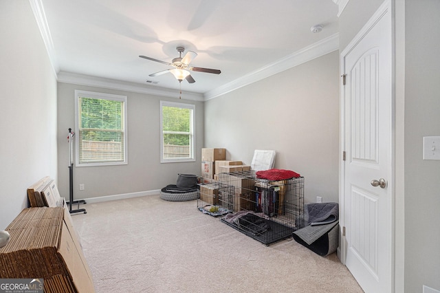 4815 Edgemoore Trce, Cumming, GA 30040 - interior space with carpet flooring, a ceiling fan, and crown molding